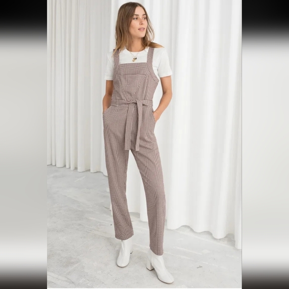 & Other Stories Pants - & Other Stories Belted Micro Gingham Houndstooth Overalls Brown S 4 Square Neck